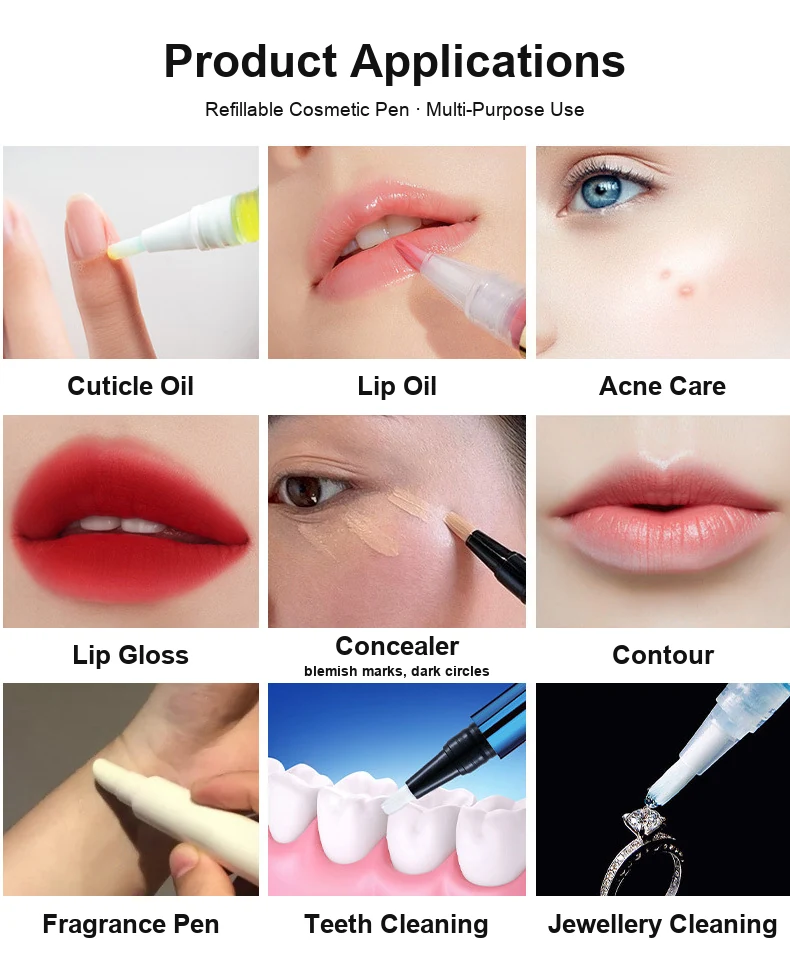Nine uses of a refillable cosmetic pen: cuticle oil, lip oil, acne care, lip gloss, concealer, contour, fragrance pen, teeth cleaning, jewellery cleaning