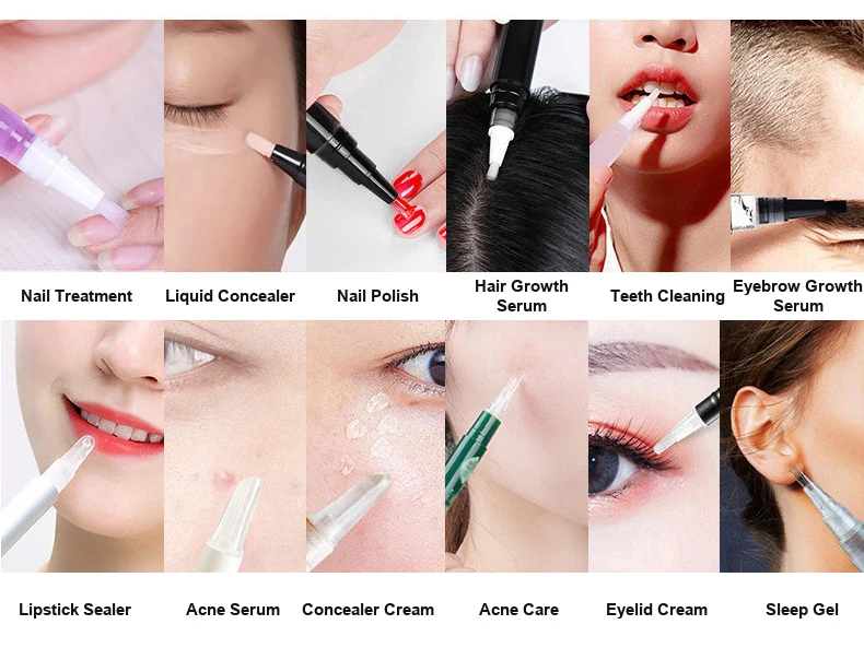 Twelve more pen uses: nail treatment, liquid concealer, nail polish, hair growth serum, teeth cleaning, eyebrow growth serum, lipstick sealer, acne serum, concealer cream, eyelid cream, sleep gel