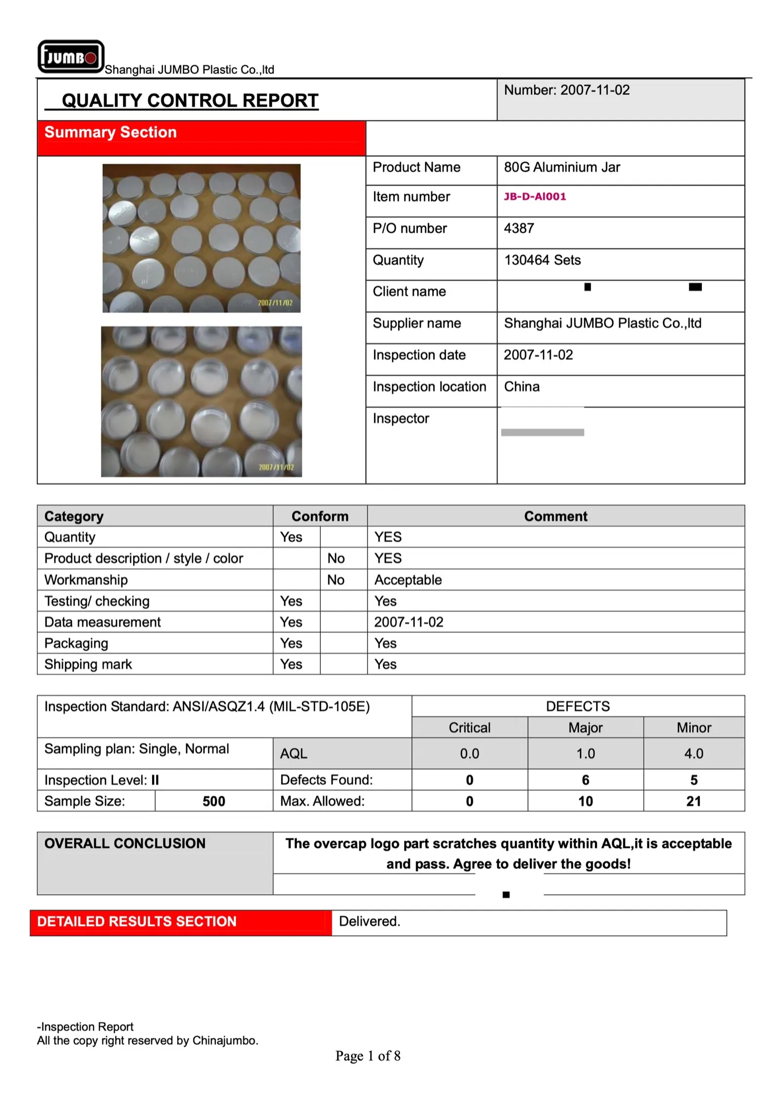 Real 2007 aluminium jar QC report